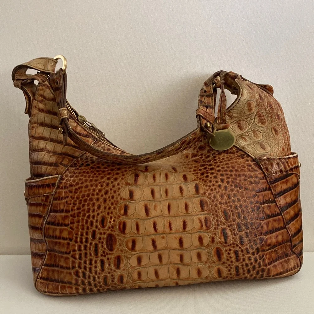 Brahmin Brown Crocodile Embossed toasted almond Shoulder Bag